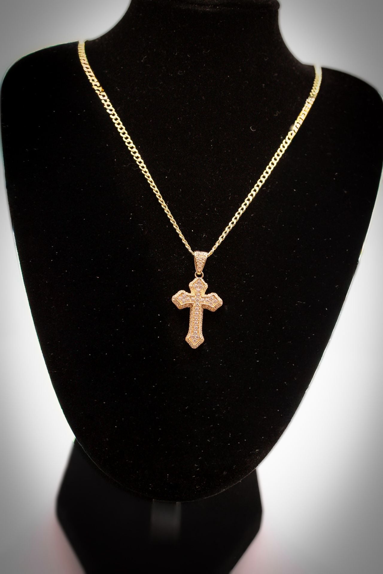 14K Gold Cuban Chain with Stoned Cross Pendant