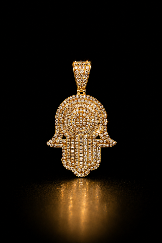 14k Gold Ice Hamsa Pendant
