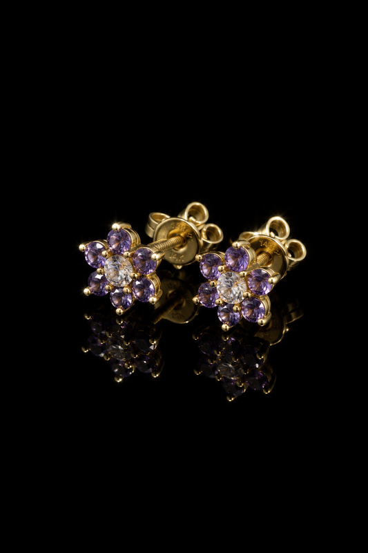 14k CZ Small Purple Flower Earrings